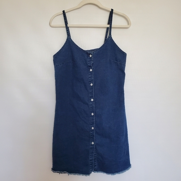 UNKNOWN Dresses & Skirts - DENIM MINI DRESS 90'S Y2K WOMENS SZ XL-JUNIORS BLUE BUTTON-DOWN RAW HEM